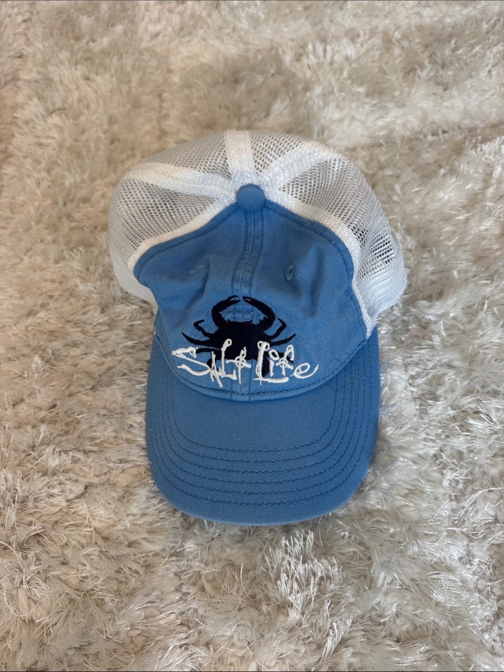Salt Life Blue and White Mesh Trucker Hat with Crab Logo